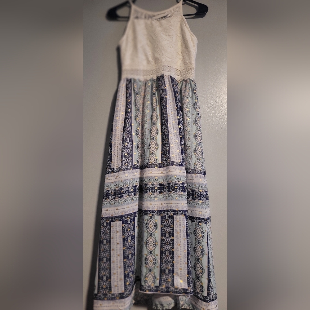 Iz Byer Blue Gray Maxi Dress Smocked Tiered